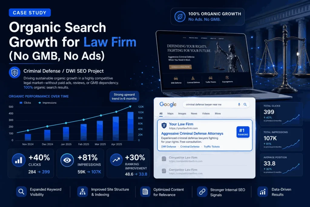 Organic Search Growth for Law Local SEO Project Without GMB Dependency